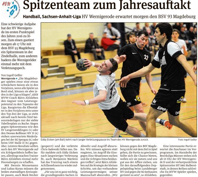 Die Volksstimme berichtet über das Match der 1. Mannschaft am 09.01.2016